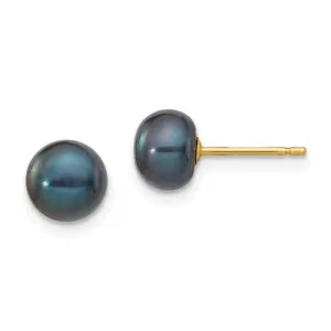 14k 6-7mm Black Button FW Cultured Pearl Stud Post Earrings