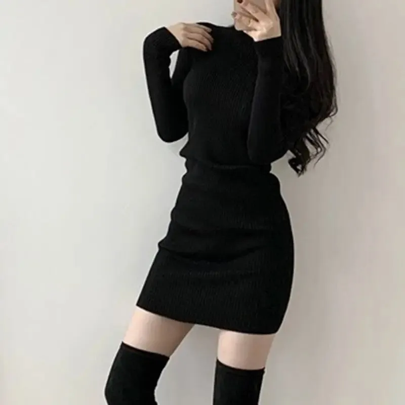 2024 Solid Cotton Korean Fashion Knit Clothing Women Bodycon Dress