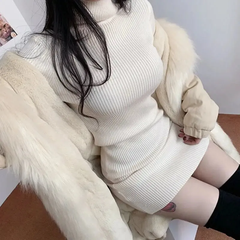 2024 Solid Cotton Korean Fashion Knit Clothing Women Bodycon Dress