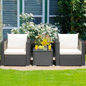 3pc Wicker Rattan Patio Conversation Set with Cushion - White