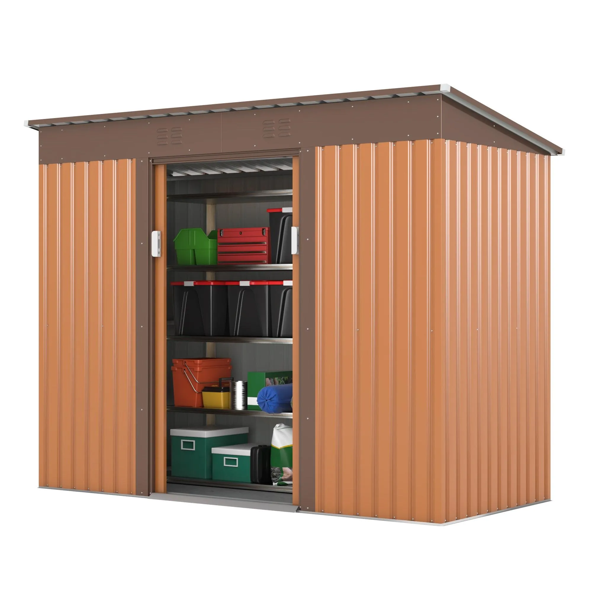 4.2 x 9.1 Ft Outdoor Storage Shed, Metal Tool Shed with Lockable Doors Vents, Utility Garden Shed for Patio Lawn Backyard,Brown