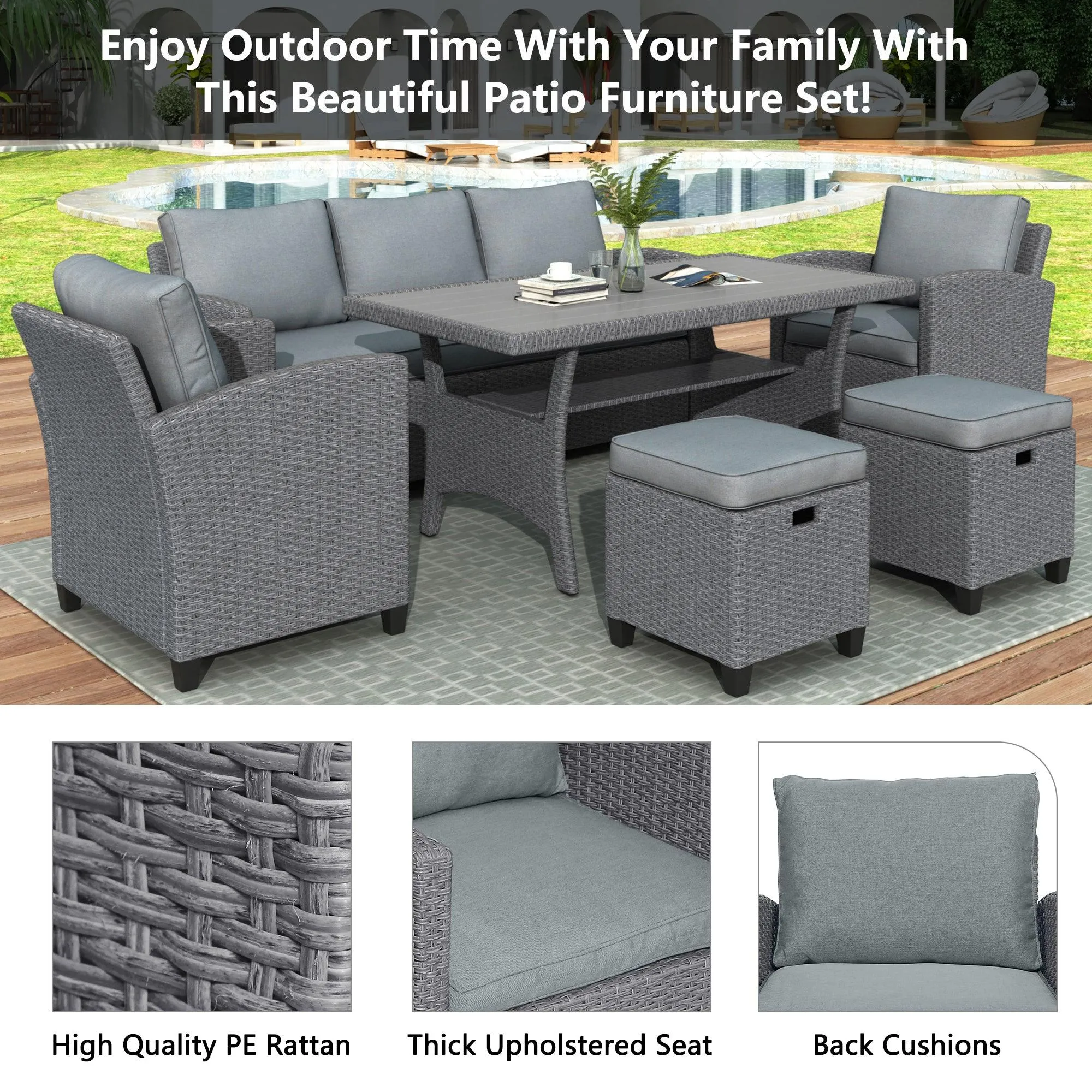 6-Piece Outdoor Rattan Wicker Set, Patio Sofa, Chairs, Stools, and Table, Gray