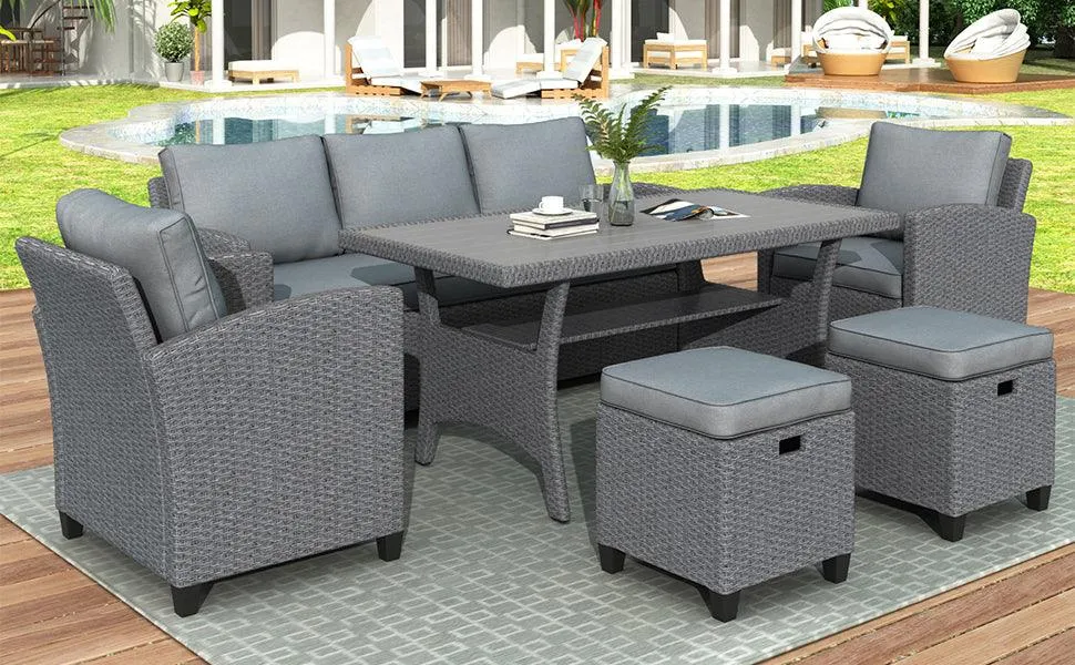 6-Piece Outdoor Rattan Wicker Set, Patio Sofa, Chairs, Stools, and Table, Gray