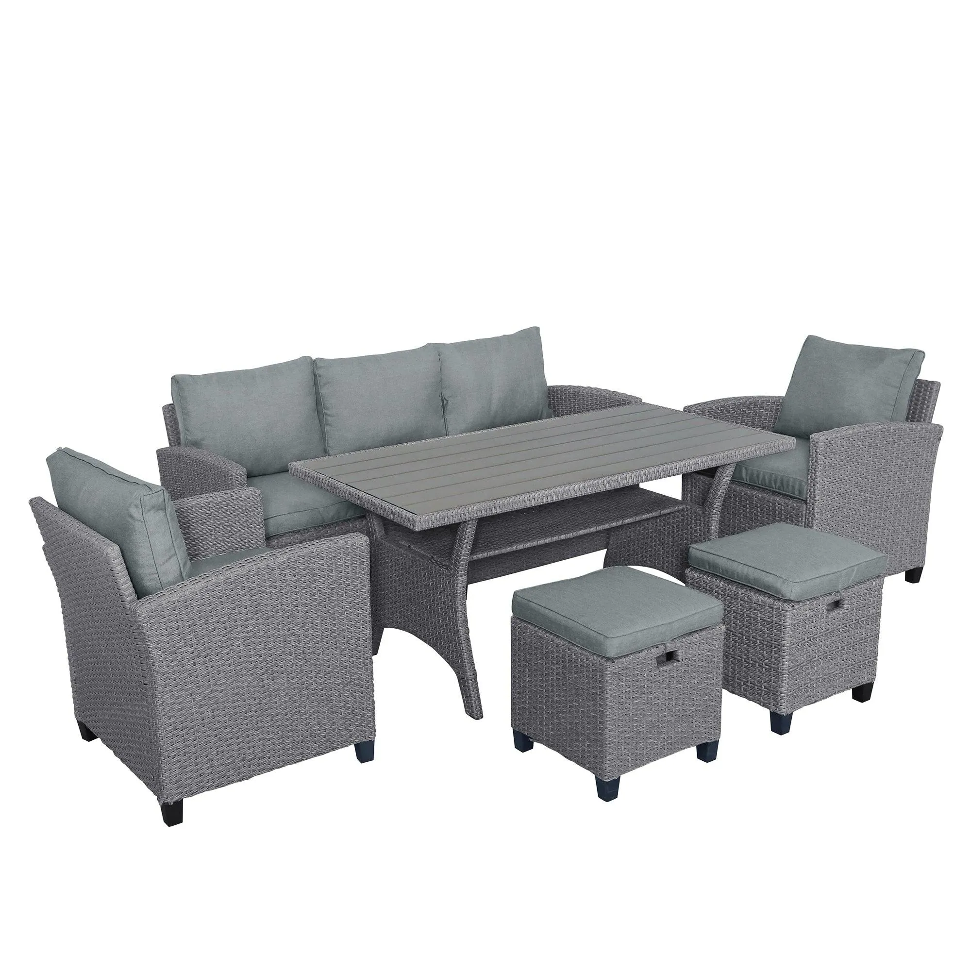 6-Piece Outdoor Rattan Wicker Set, Patio Sofa, Chairs, Stools, and Table, Gray