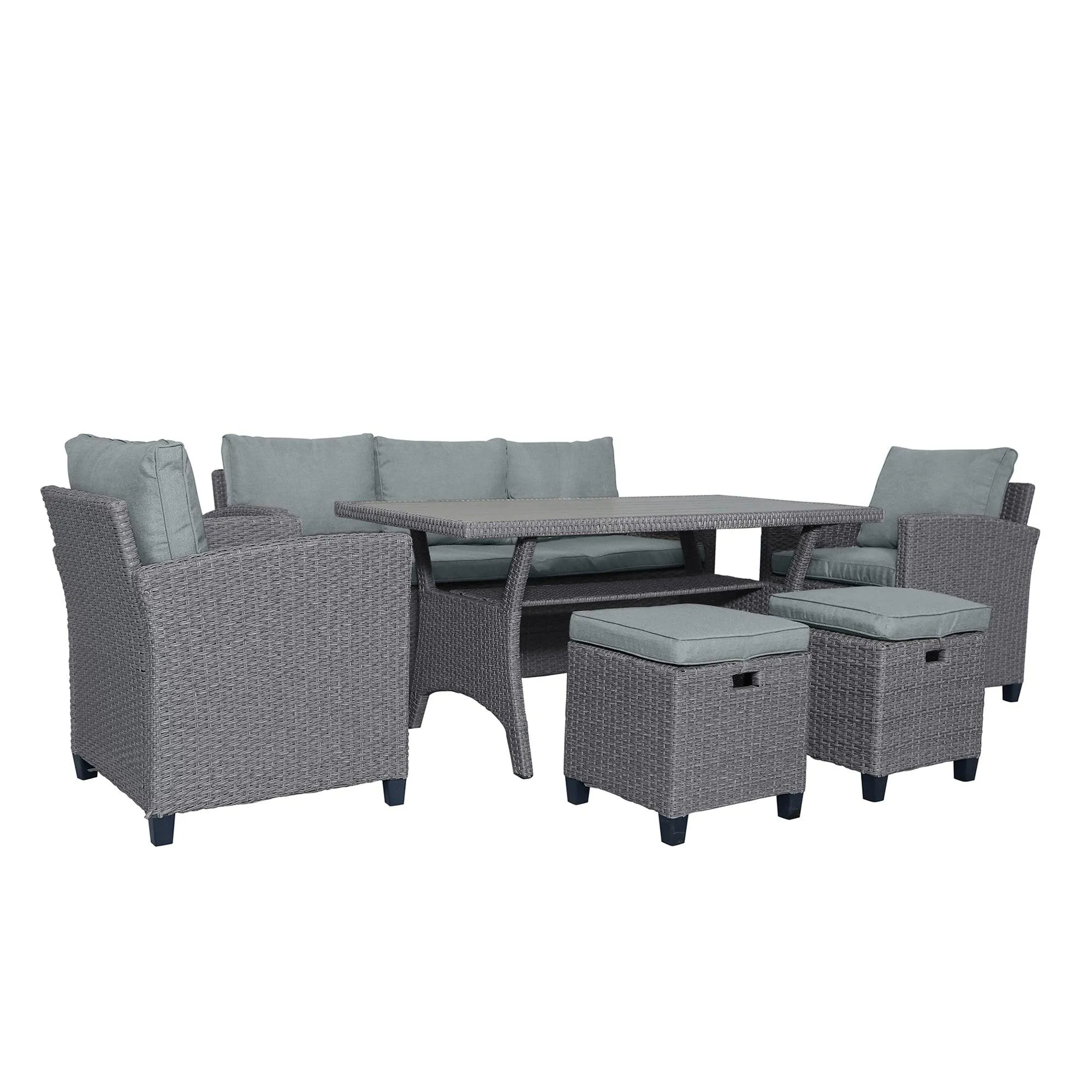 6-Piece Outdoor Rattan Wicker Set, Patio Sofa, Chairs, Stools, and Table, Gray