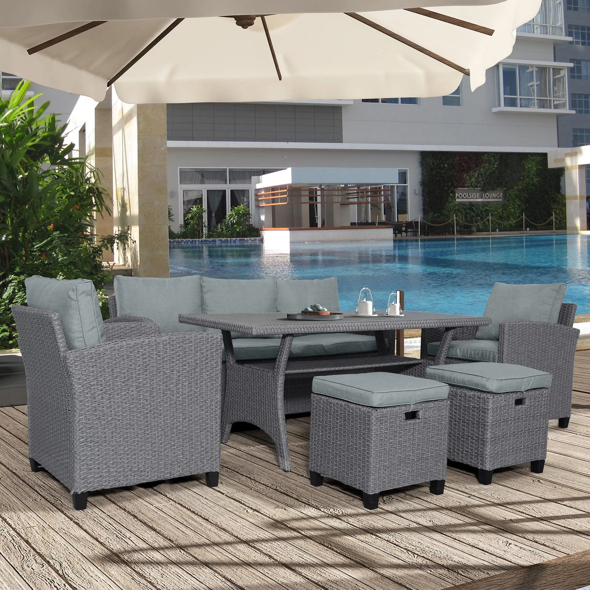 6-Piece Outdoor Rattan Wicker Set, Patio Sofa, Chairs, Stools, and Table, Gray