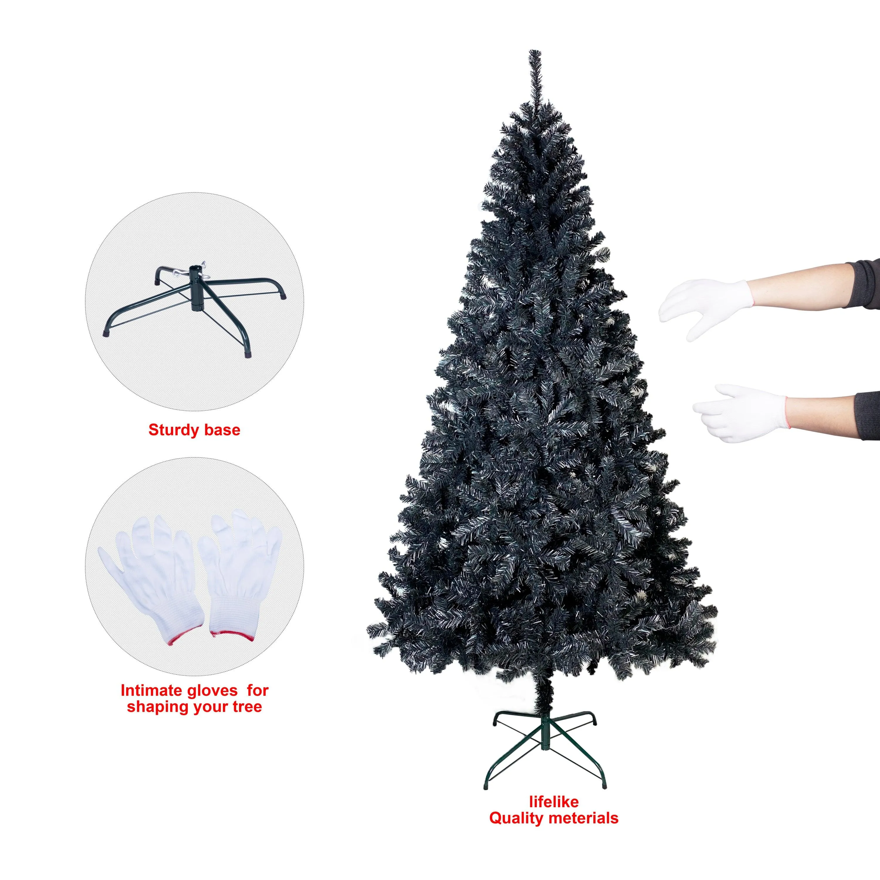 7.5FT  Unlit Black Artificial Christmas Tree with Foldable Metal Stand PVC Fir Tree 1,500 Branch Tips