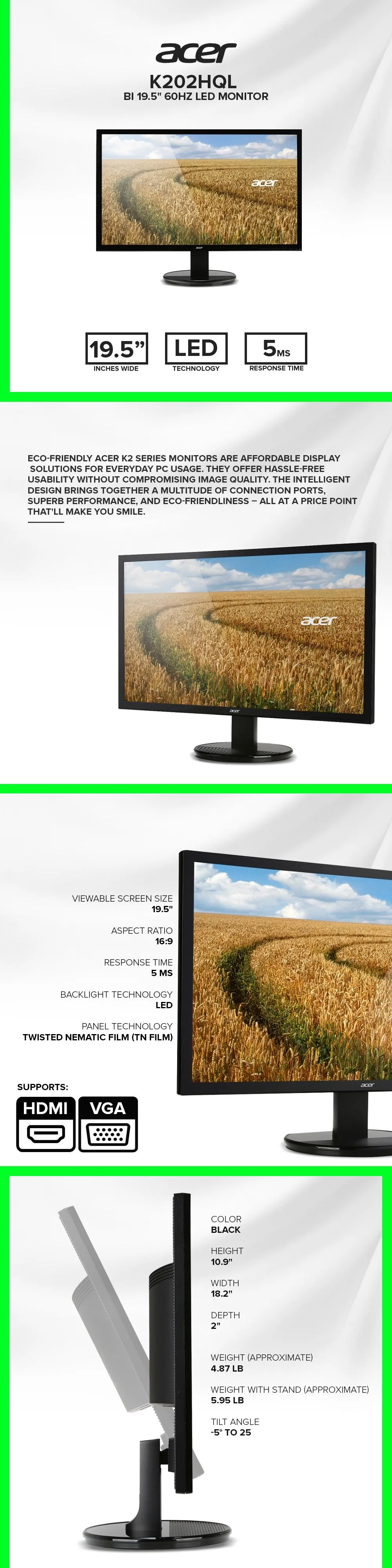 Acer K202HQL bi 19.5" 60Hz LED Monitor