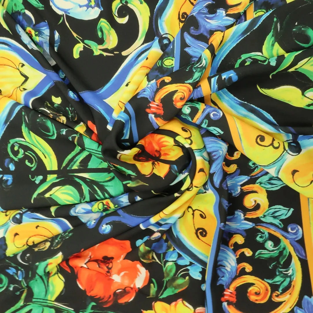 Black Background with Multicolored Abstract  Printed Fabric