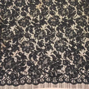 Black Floral Corded Design on Black Tulle Fashion Lace