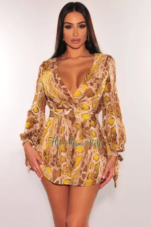 Brown Yellow Snake Print Cut Out Long Sleeve Romper