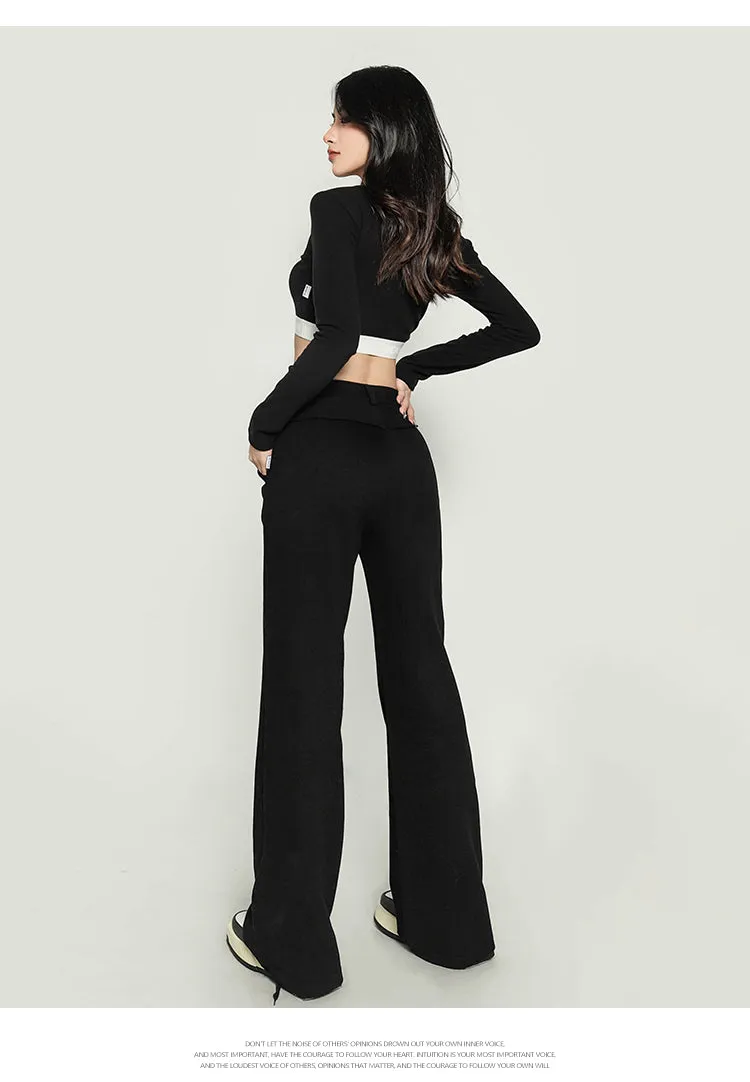 Chrissy Solid Color Square Neck Waist Band Slim Long Sleeve Cropped Top