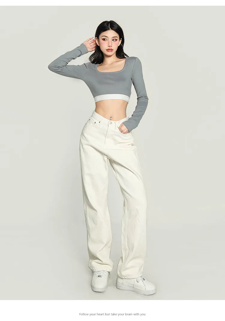 Chrissy Solid Color Square Neck Waist Band Slim Long Sleeve Cropped Top