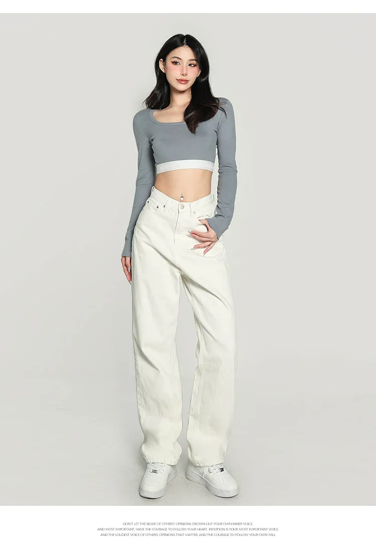 Chrissy Solid Color Square Neck Waist Band Slim Long Sleeve Cropped Top