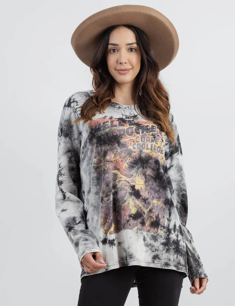 Delila Graphic Studded Tie Dye Long Sleeve Top