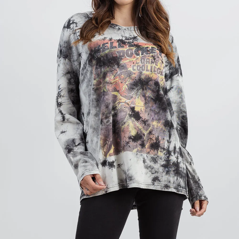 Delila Graphic Studded Tie Dye Long Sleeve Top