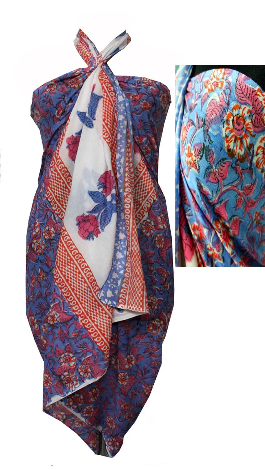 Hand Block Print India 100%Cotton Beach Wrap Dress Long Sarong Bikini Cover-Up Swimwear Pareo