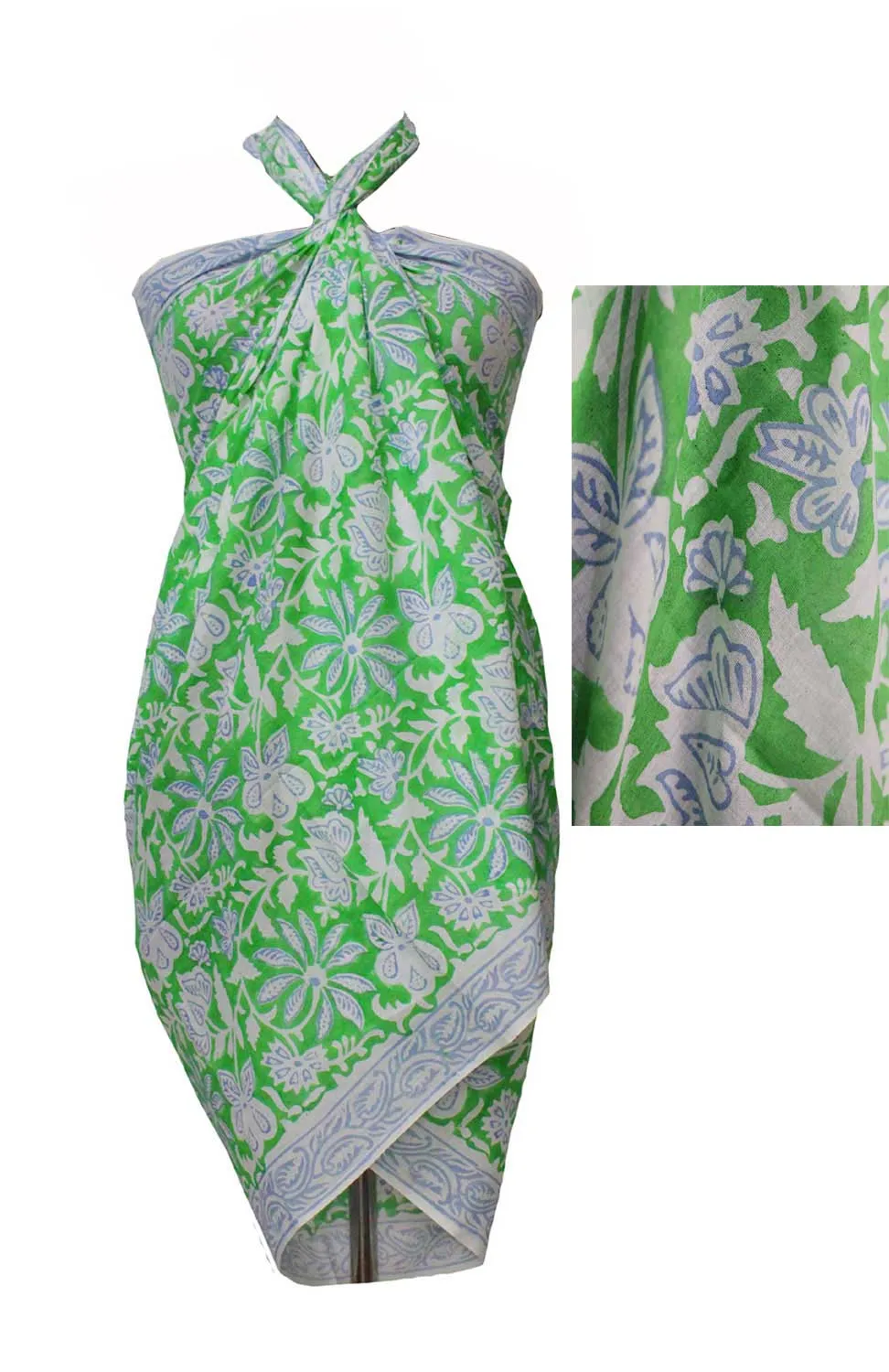 Hand Block Print India 100%Cotton Beach Wrap Dress Long Sarong Bikini Cover-Up Swimwear Pareo