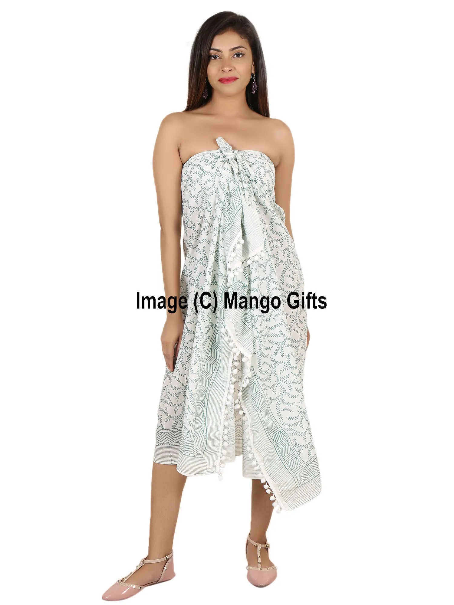 Hand Block Print India 100%Cotton Beach Wrap Dress Long Sarong Bikini Cover-Up Swimwear Pareo