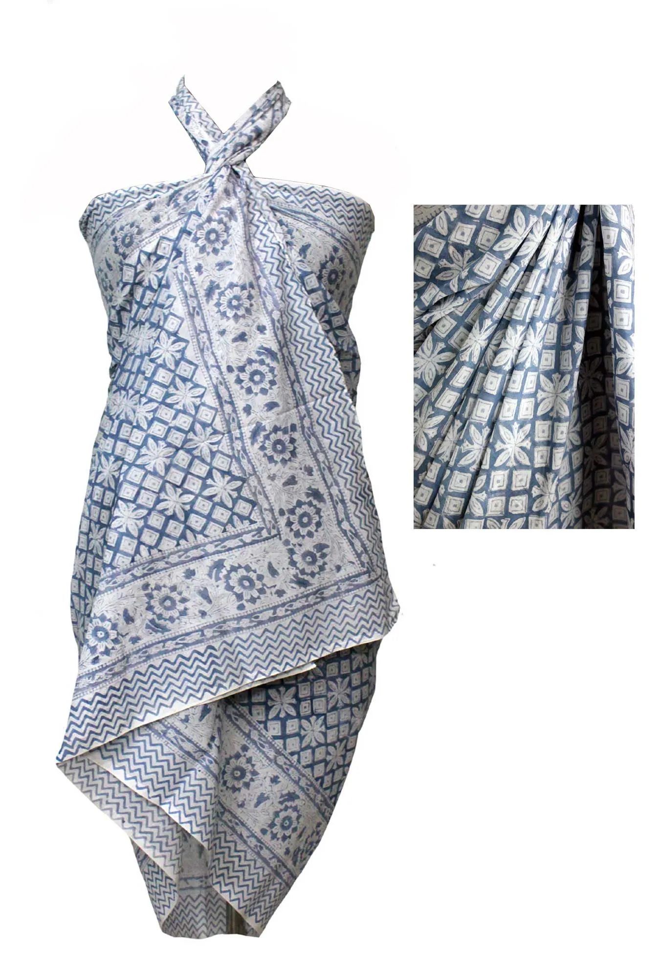 Hand Block Print India 100%Cotton Beach Wrap Dress Long Sarong Bikini Cover-Up Swimwear Pareo