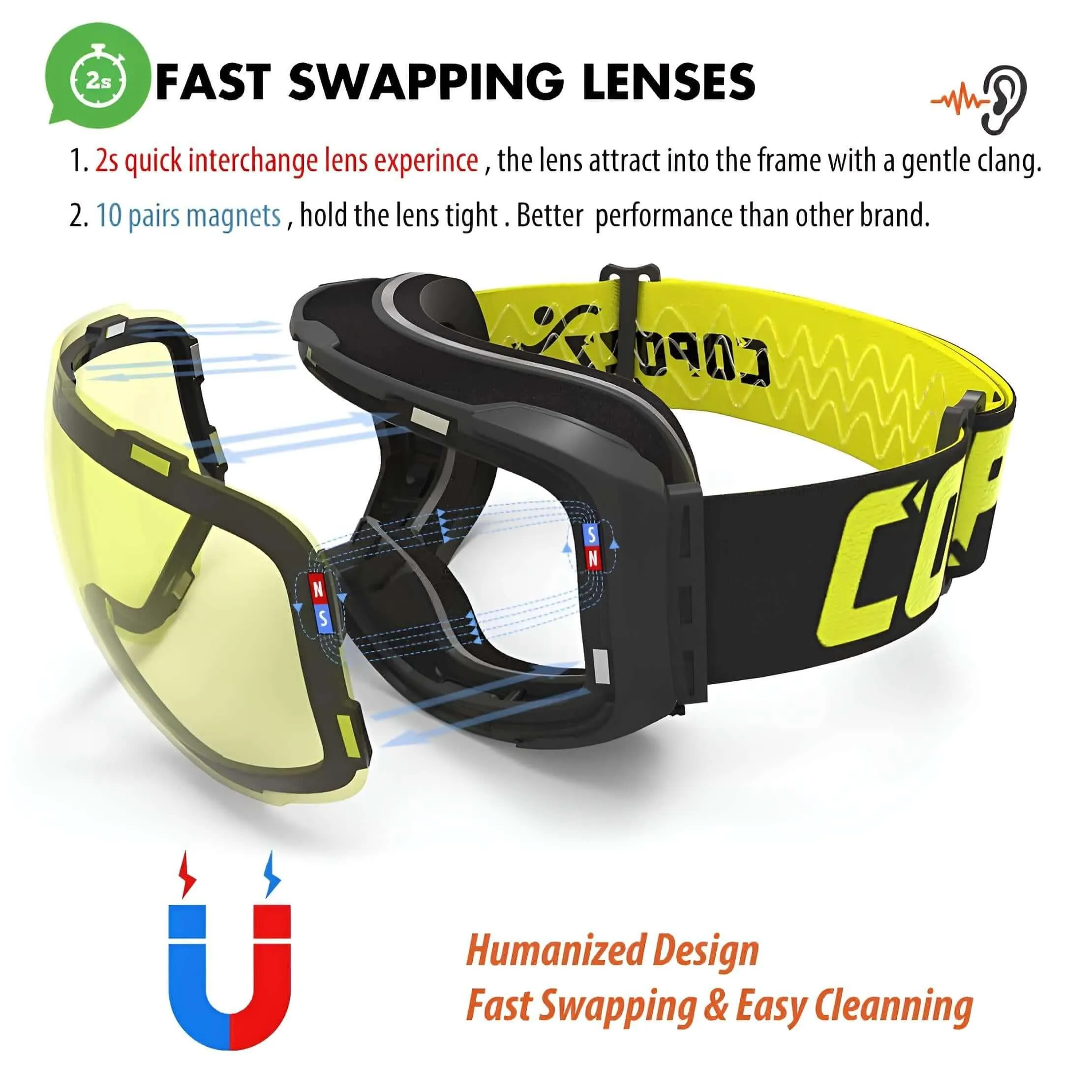 Magnetic Ski Goggles with Quick-Change Lens and Case Set