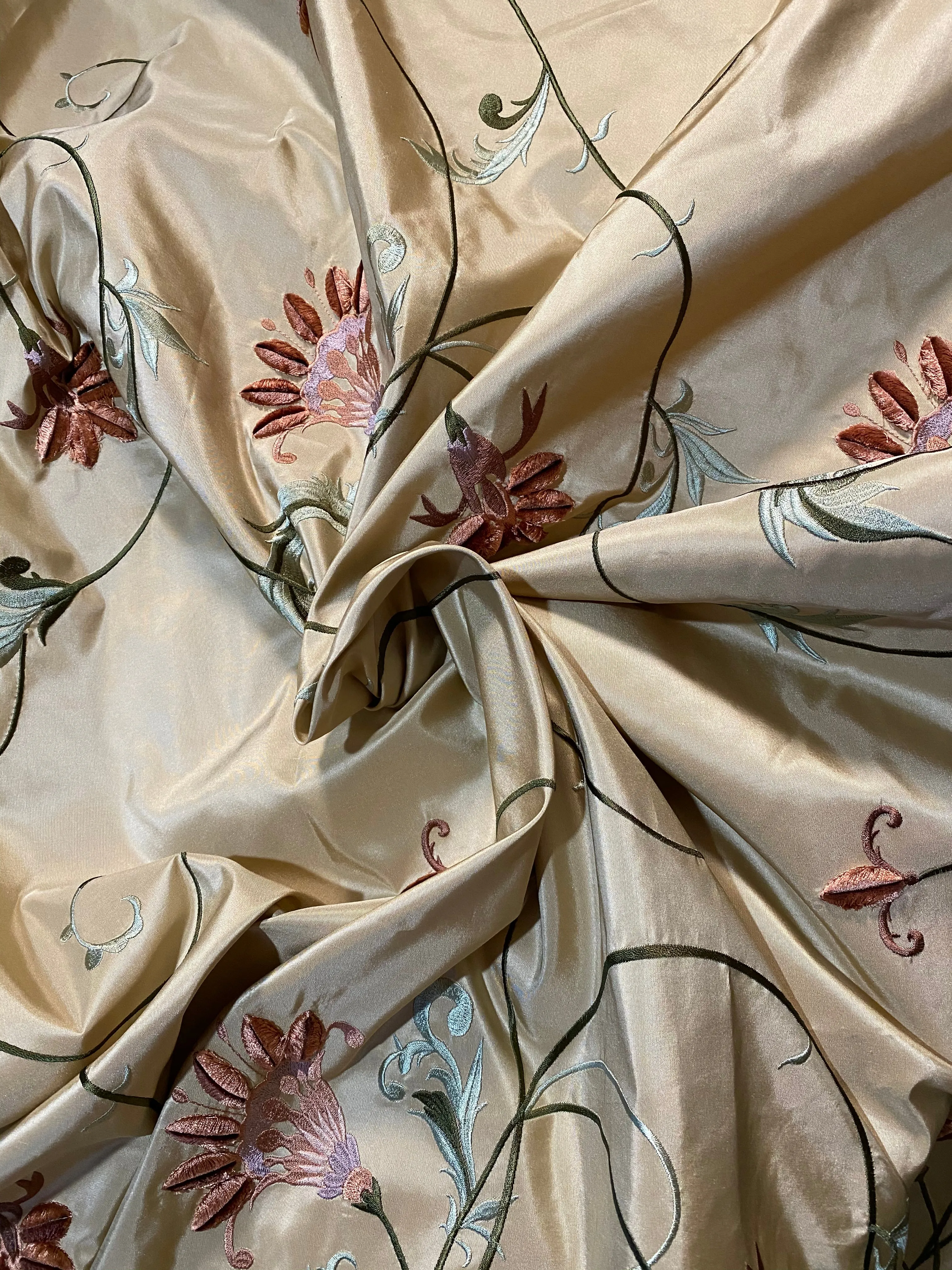 NEW Countess Manon 100% Silk Taffeta in Light Gold with Floral Embroidered Fabric