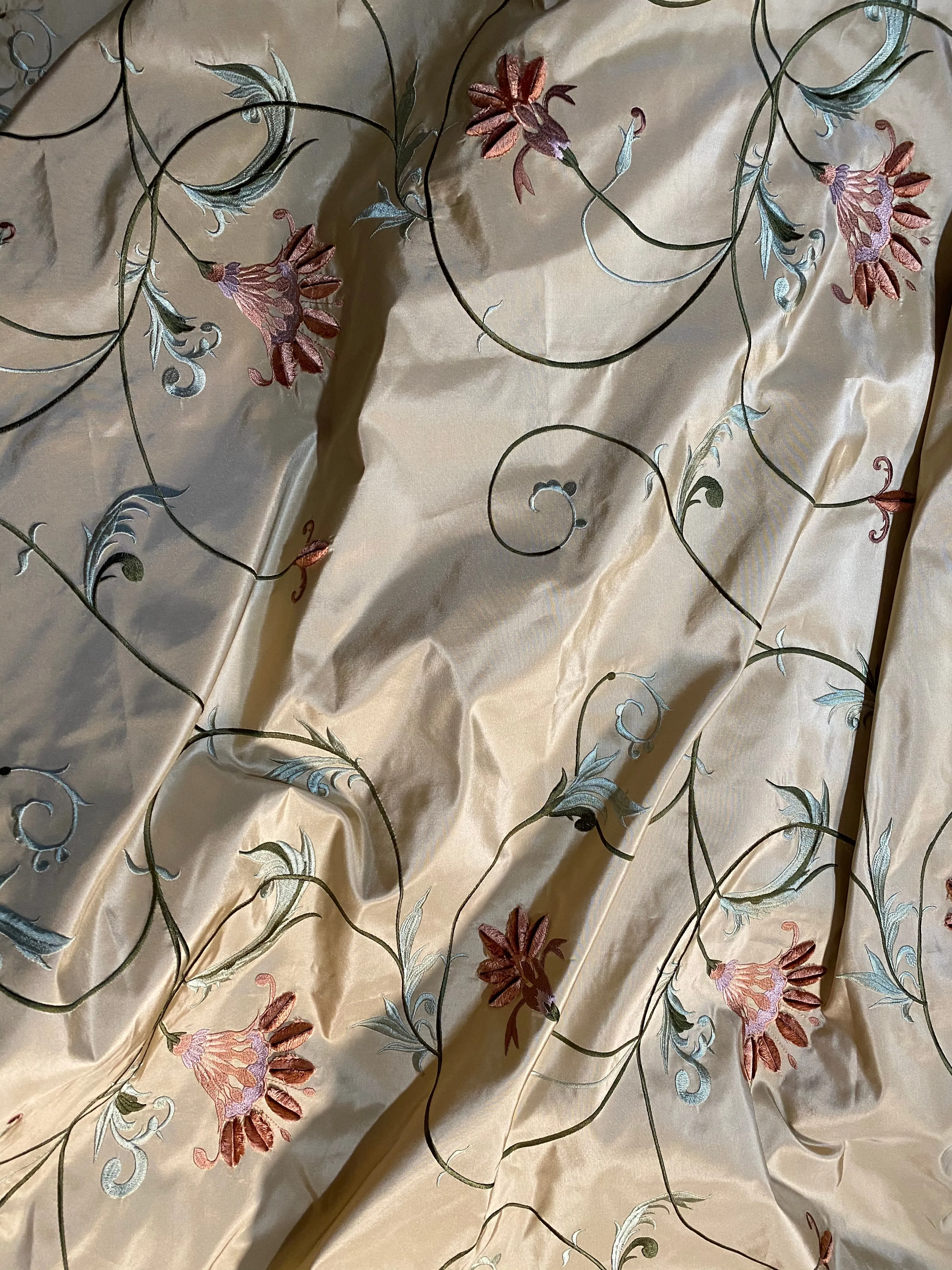 NEW Countess Manon 100% Silk Taffeta in Light Gold with Floral Embroidered Fabric