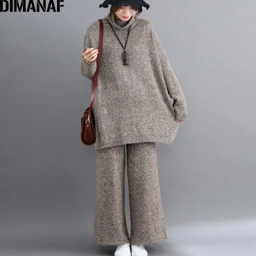 Plus Size Women Sets Winter Vintage Knitting Suit Big Size Lady Tops Long Pants Sweater Turtleneck Women Clothes