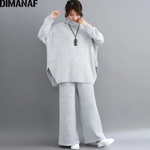 Plus Size Women Sets Winter Vintage Knitting Suit Big Size Lady Tops Long Pants Sweater Turtleneck Women Clothes