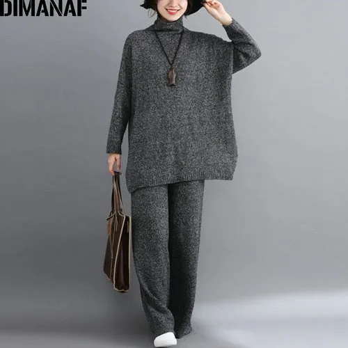 Plus Size Women Sets Winter Vintage Knitting Suit Big Size Lady Tops Long Pants Sweater Turtleneck Women Clothes