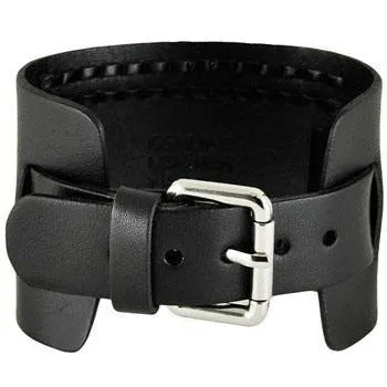 Weaved Black Leather Wide Cuff